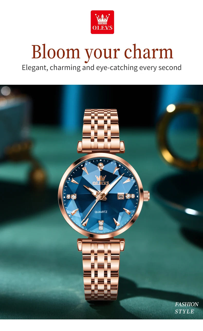 OLEVS 5536 Quartz Watch for Women Fashion Luxury Rhombus Mirror Rose Gold Stainless Steel Waterproof Luminous Ladies Wristwatch