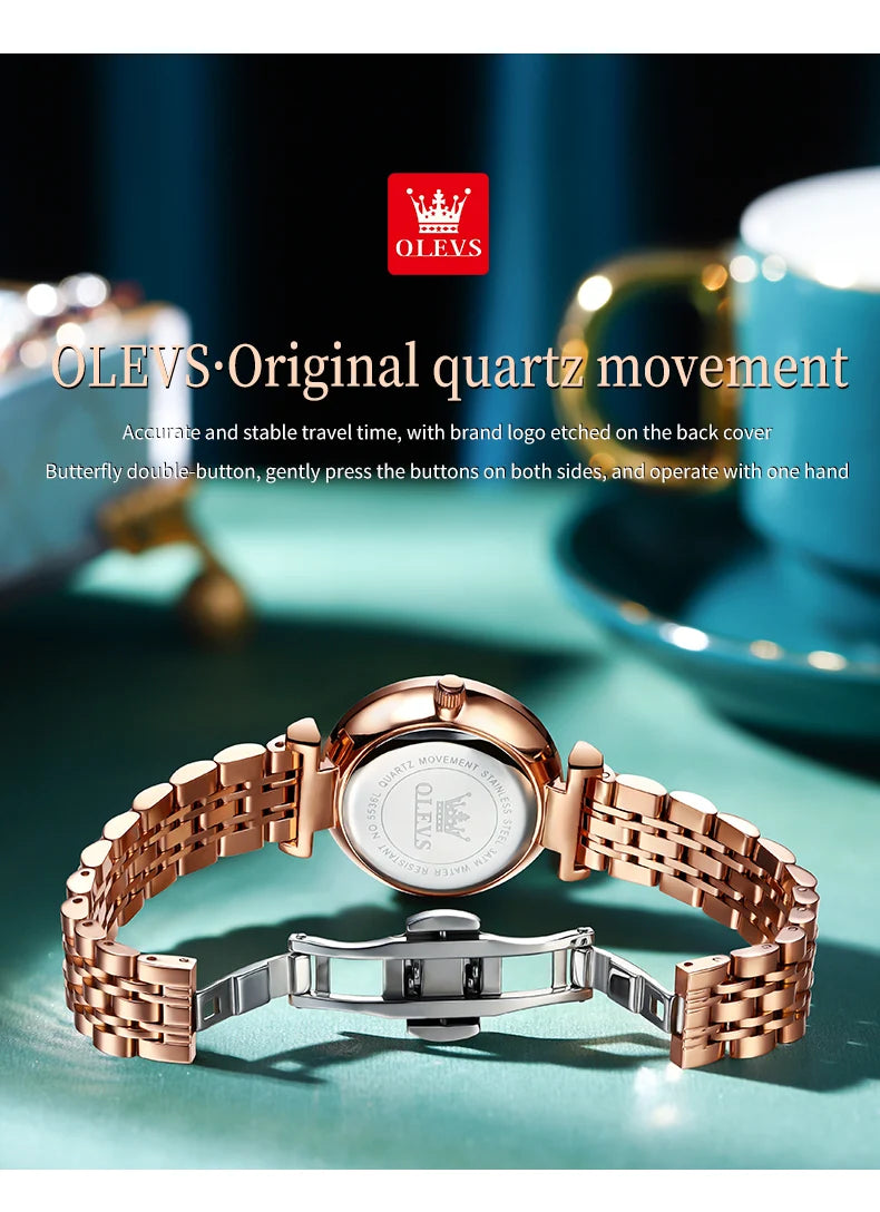 OLEVS 5536 Quartz Watch for Women Fashion Luxury Rhombus Mirror Rose Gold Stainless Steel Waterproof Luminous Ladies Wristwatch