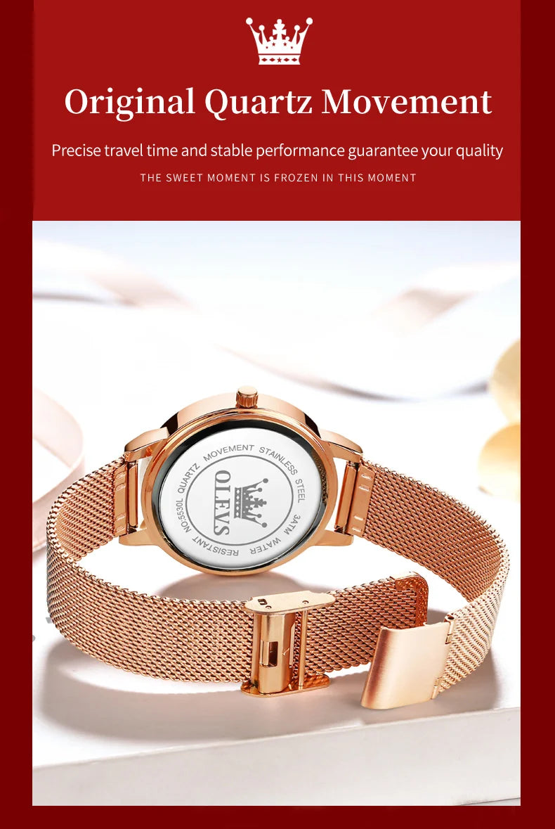 OLEVS 5530 Top Original Women's Watches Elegant Rose Gold Mesh Strap Fashion Heart Design Waterproof Quartz WristWatch for Women
