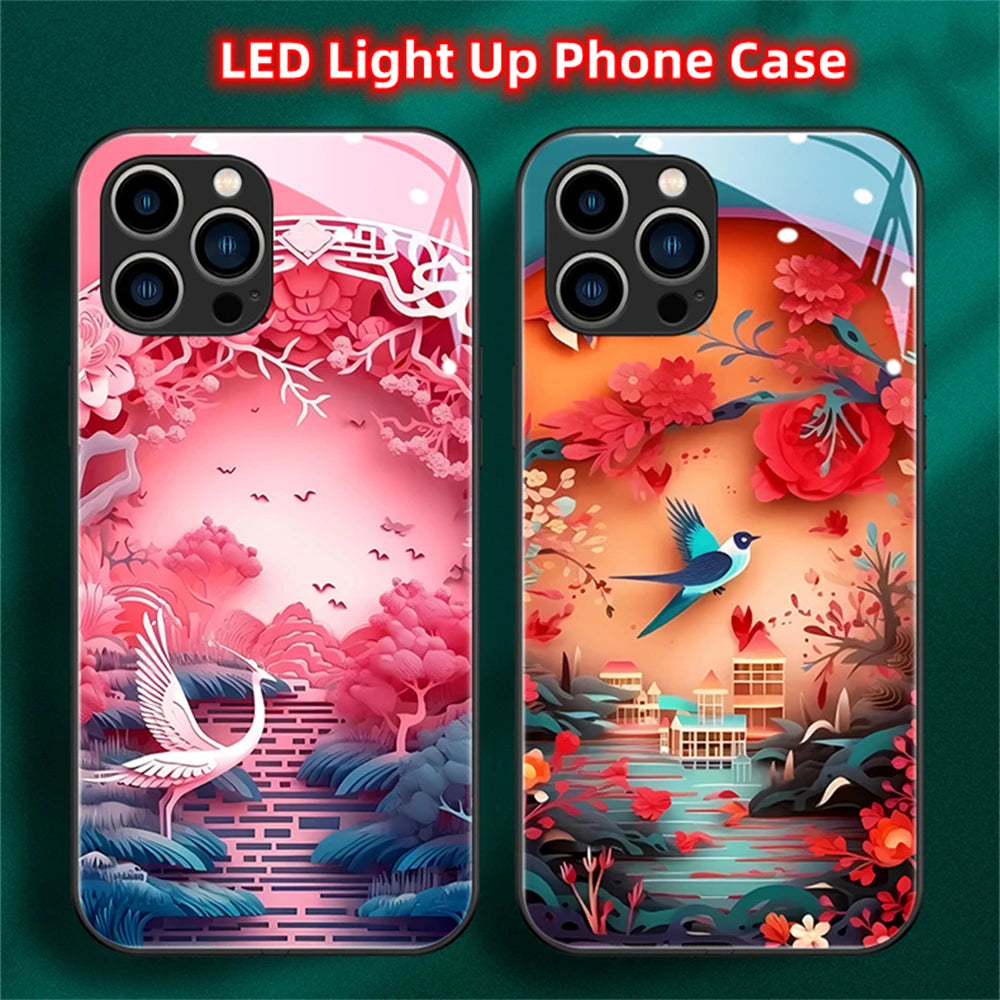 Colorful Lucky Carp Sound Control LED Flash Cases Luminous Glass Cover For Samsung S24 S23 S22 S21 S20 FE Note 10 20 Plus Ultra