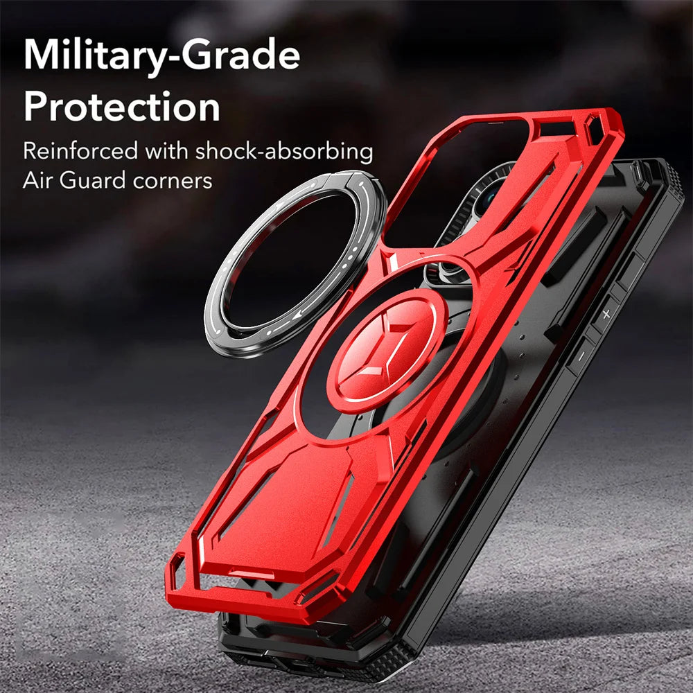 Dual Layer Protection Armour Magnetic Stand Phone Case For iPhone 16 15 14 11 12 13 Pro Max Luxury Rotation Folding Holder Cover