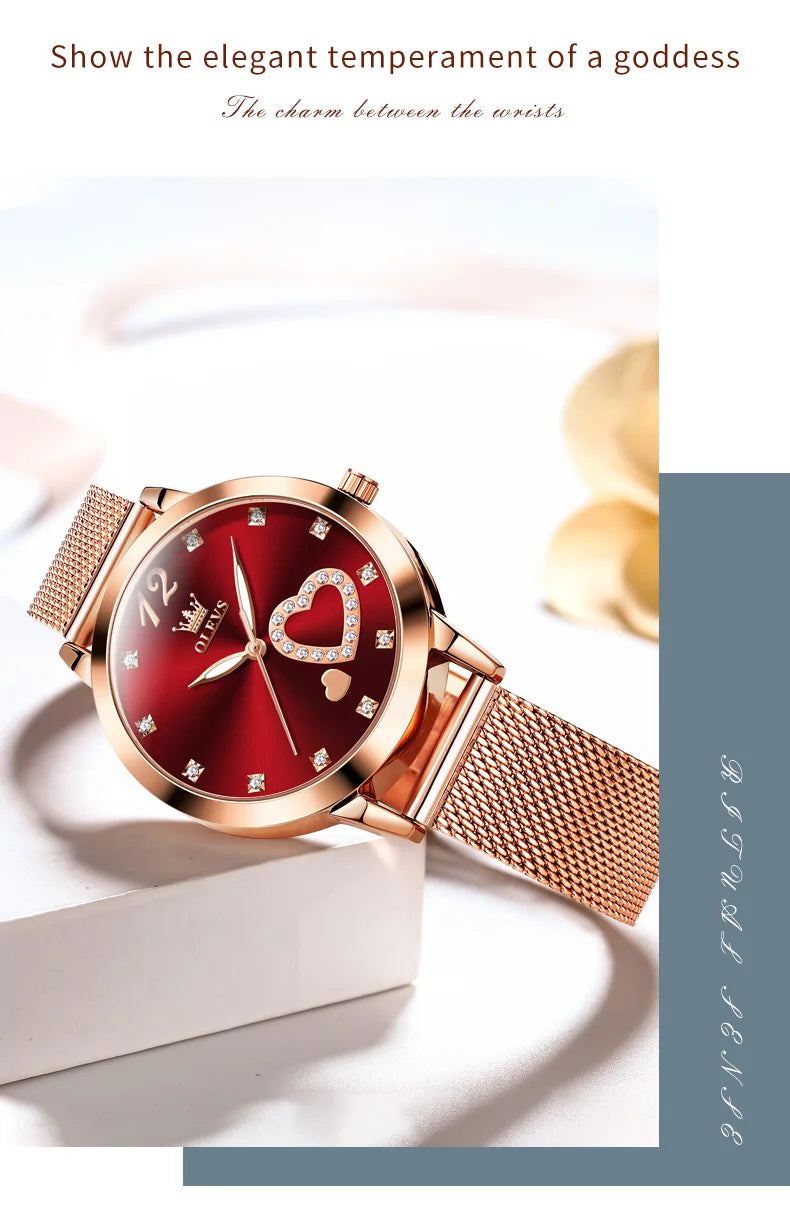 OLEVS 5189 Top Quartz Watch for Women Mesh Steel Strap Heart Design Waterproof Watches Simple Fashion Elegant Ladies Wristwatch