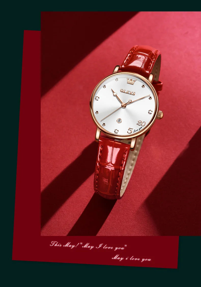 OLEVS Leather Strap Calendar WOMEN'S Quartz Watch 5505