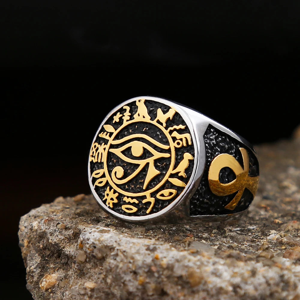 Egyptian Vintage Men Eye Of Horus Ring Fashion Stainless Steel Ankh Cross Ring