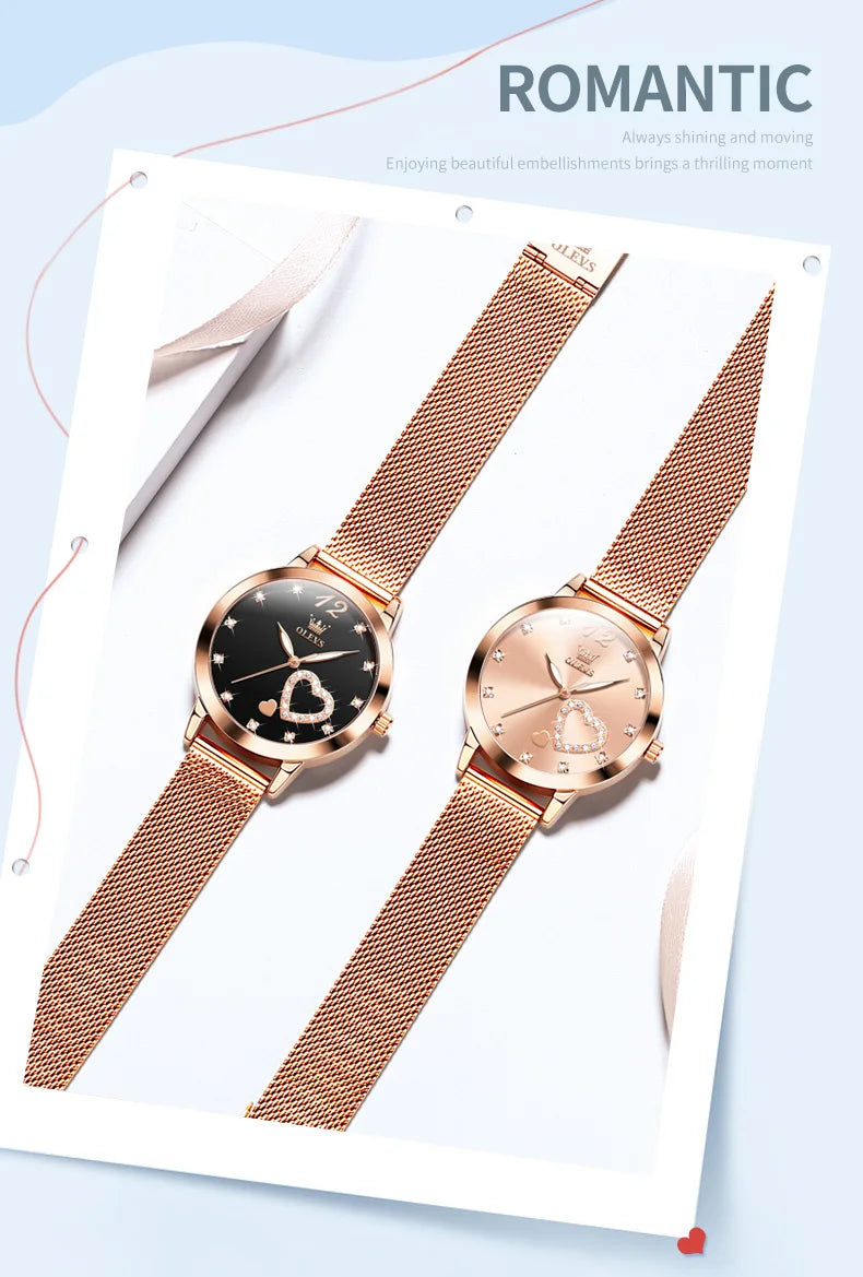 OLEVS 5189 Top Quartz Watch for Women Mesh Steel Strap Heart Design Waterproof Watches Simple Fashion Elegant Ladies Wristwatch