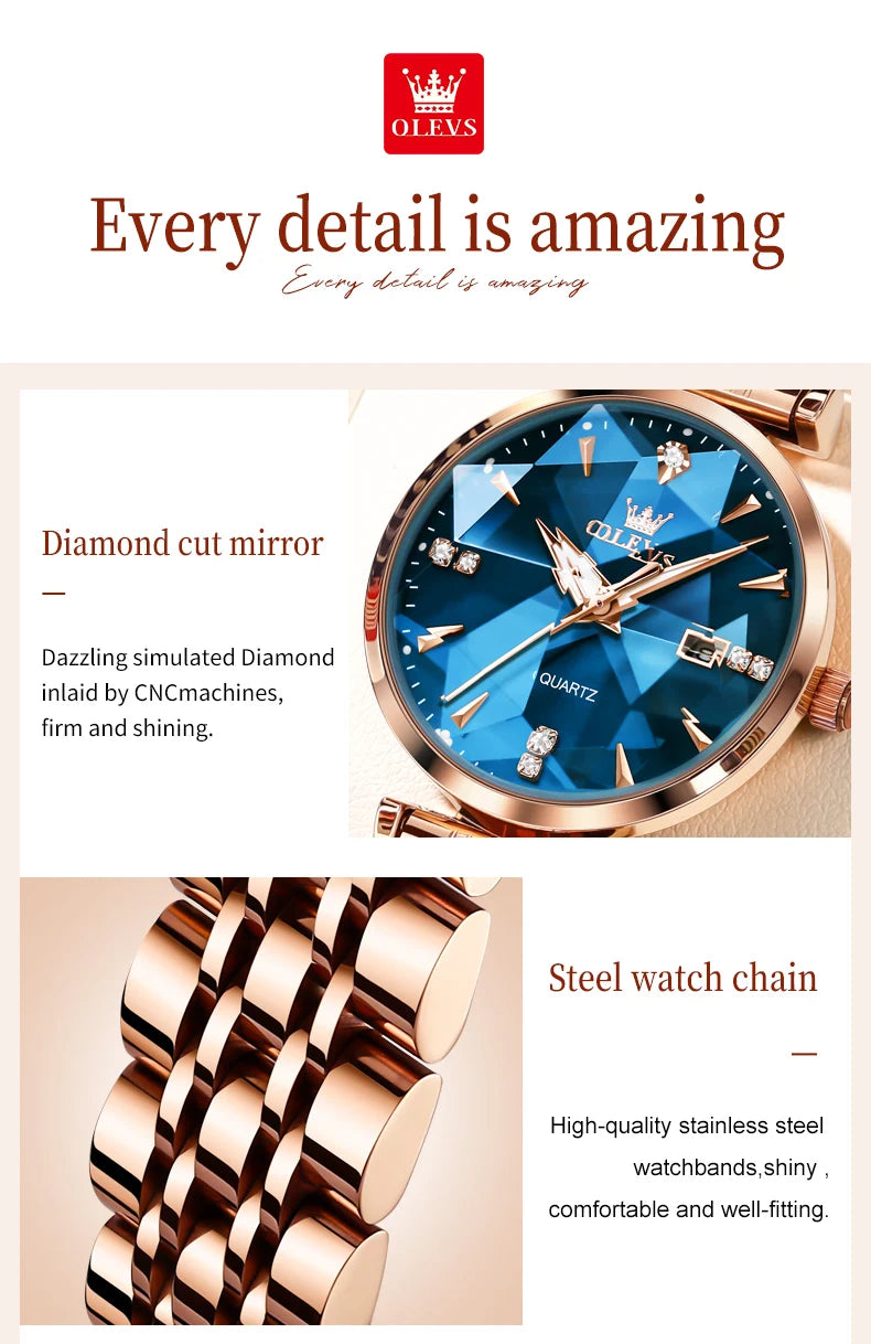 OLEVS 5536 Quartz Watch for Women Fashion Luxury Rhombus Mirror Rose Gold Stainless Steel Waterproof Luminous Ladies Wristwatch