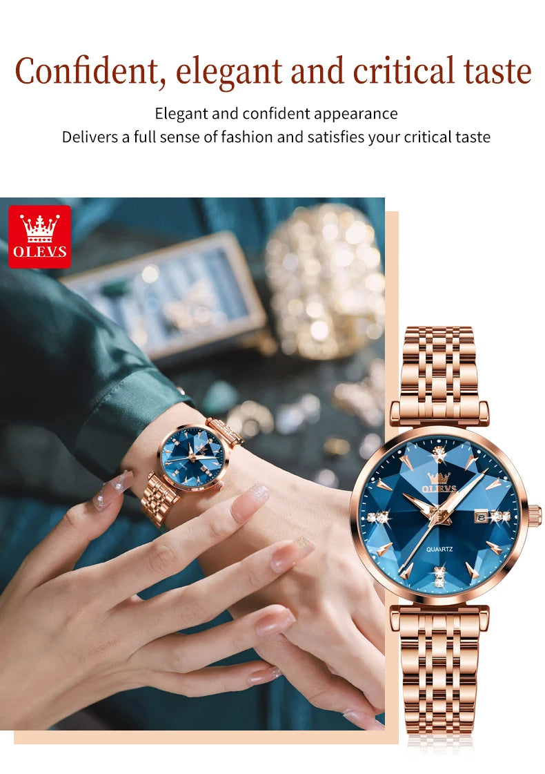 OLEVS 5536 Quartz Watch for Women Fashion Luxury Rhombus Mirror Rose Gold Stainless Steel Waterproof Luminous Ladies Wristwatch