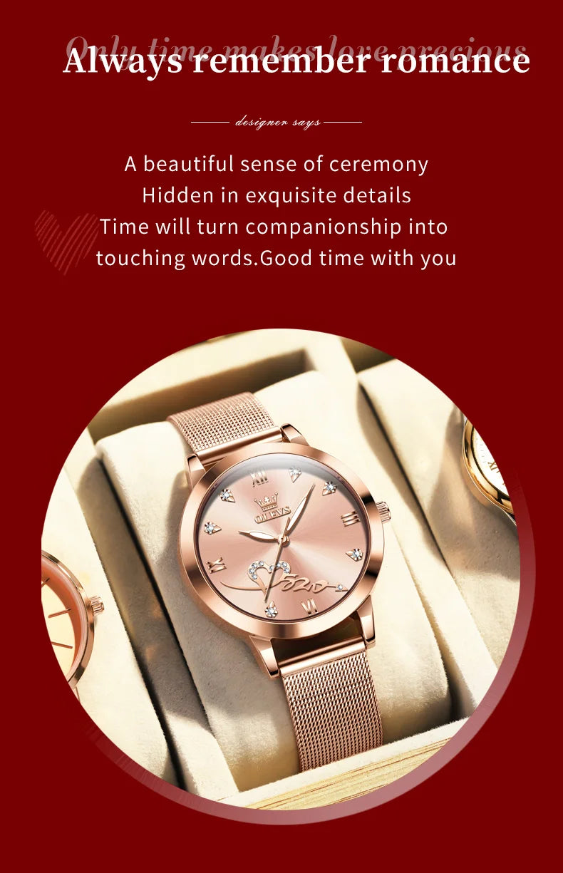 OLEVS 5530 Top Original Women's Watches Elegant Rose Gold Mesh Strap Fashion Heart Design Waterproof Quartz WristWatch for Women