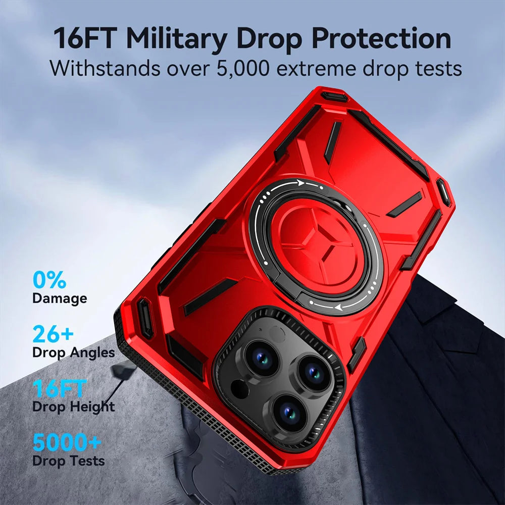 Dual Layer Protection Armour Magnetic Stand Phone Case For iPhone 16 15 14 11 12 13 Pro Max Luxury Rotation Folding Holder Cover