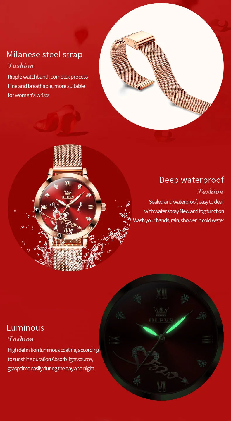 OLEVS 5530 Top Original Women's Watches Elegant Rose Gold Mesh Strap Fashion Heart Design Waterproof Quartz WristWatch for Women