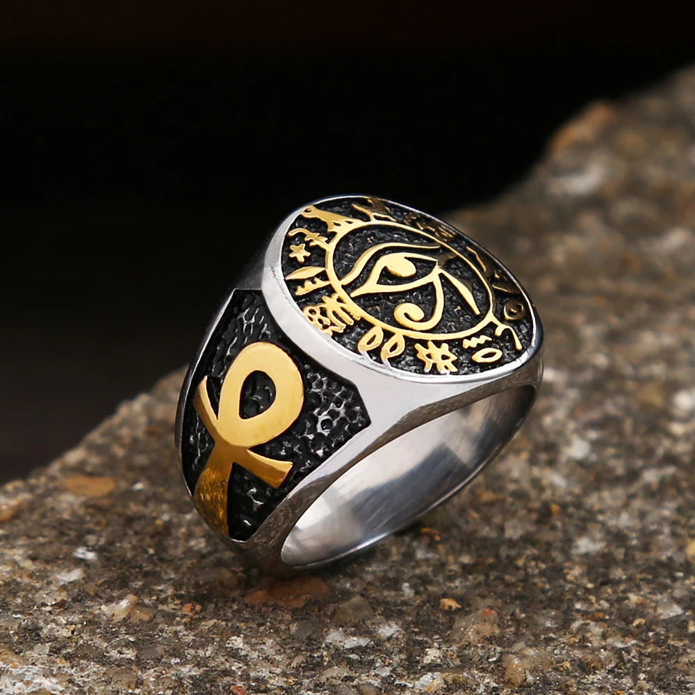 Egyptian Vintage Men Eye Of Horus Ring Fashion Stainless Steel Ankh Cross Ring