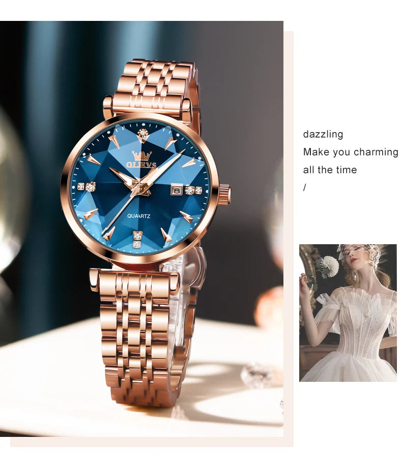 OLEVS 5536 Quartz Watch for Women Fashion Luxury Rhombus Mirror Rose Gold Stainless Steel Waterproof Luminous Ladies Wristwatch