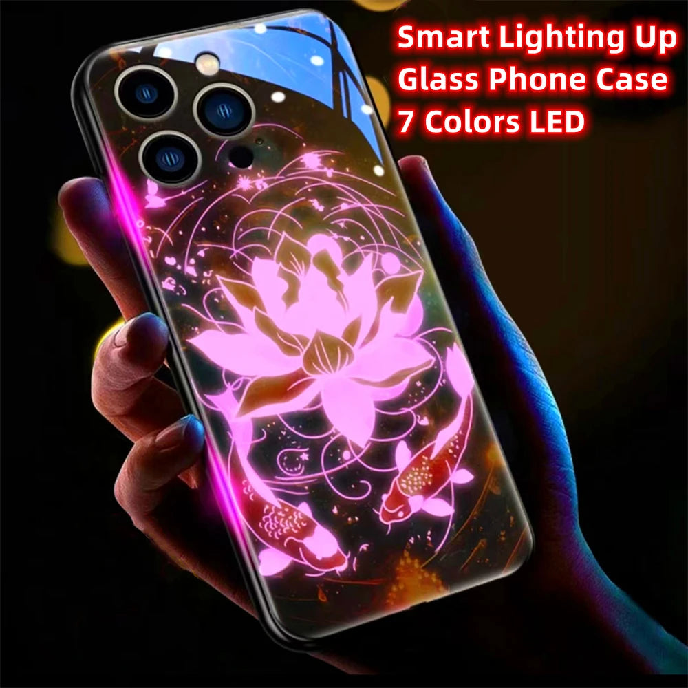 Colorful Lucky Carp Sound Control LED Flash Cases Luminous Glass Cover For Samsung S24 S23 S22 S21 S20 FE Note 10 20 Plus Ultra