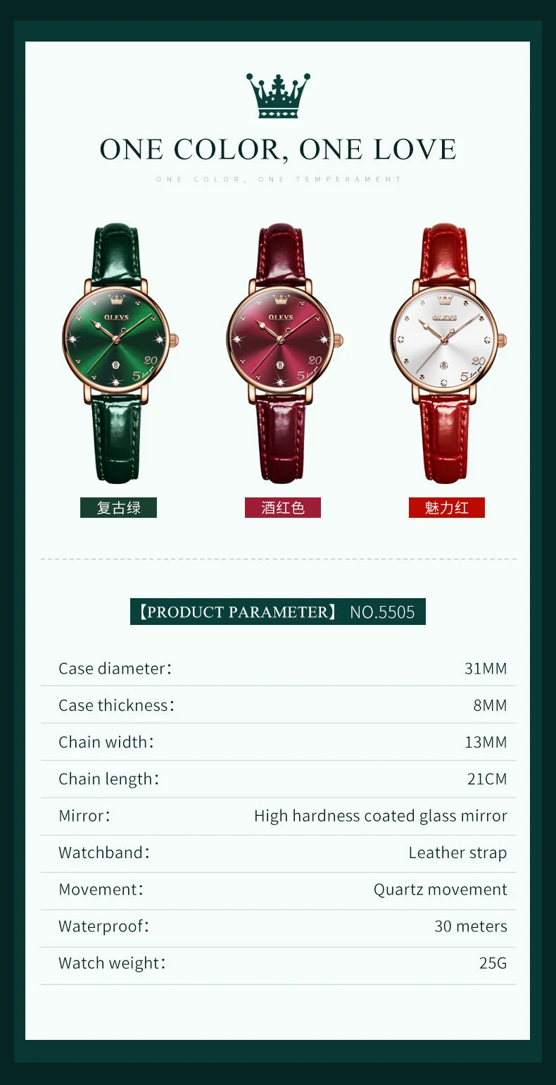 OLEVS Leather Strap Calendar WOMEN'S Quartz Watch 5505