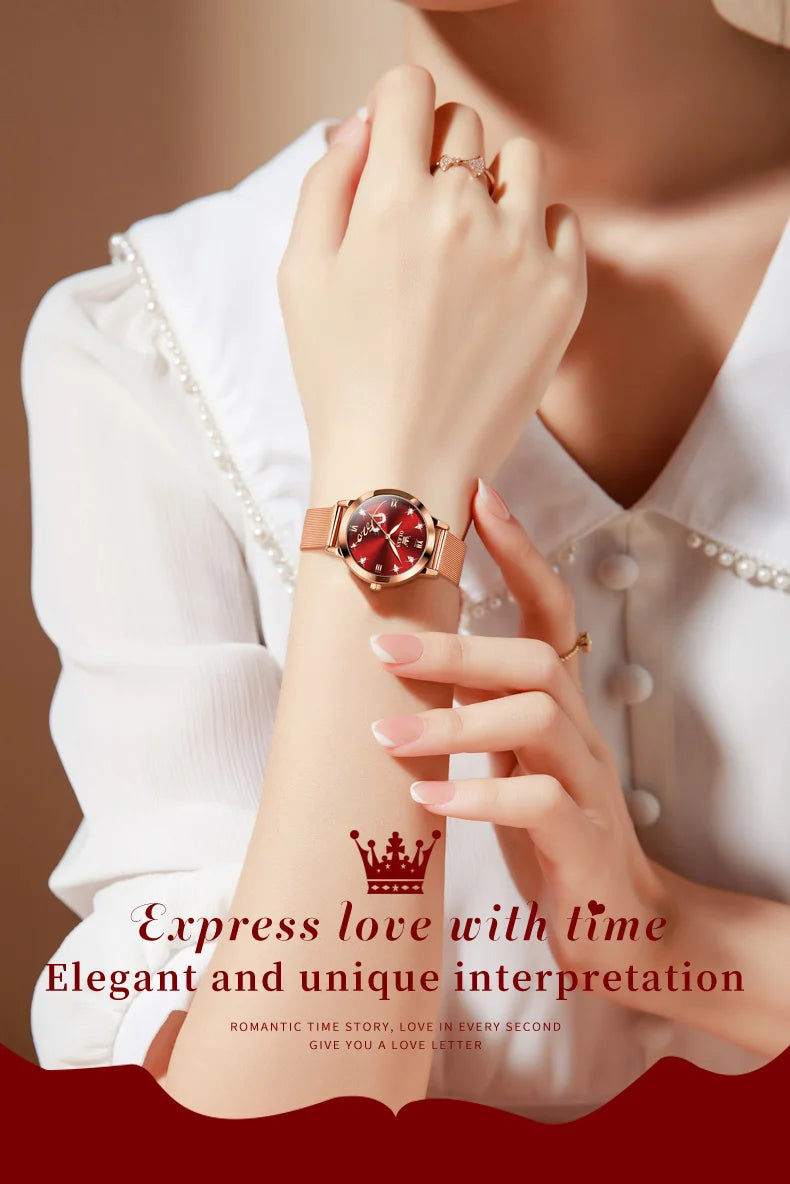 OLEVS 5530 Top Original Women's Watches Elegant Rose Gold Mesh Strap Fashion Heart Design Waterproof Quartz WristWatch for Women