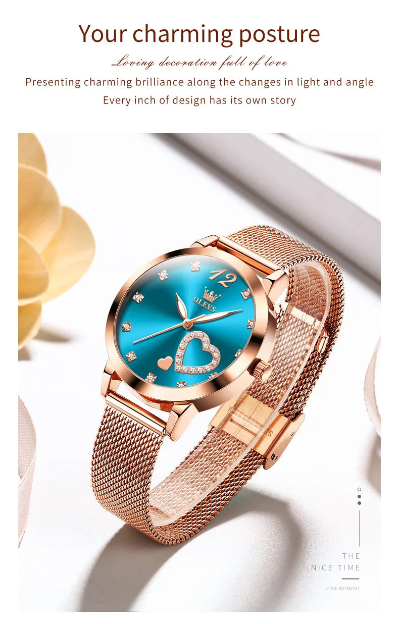 OLEVS 5189 Top Quartz Watch for Women Mesh Steel Strap Heart Design Waterproof Watches Simple Fashion Elegant Ladies Wristwatch