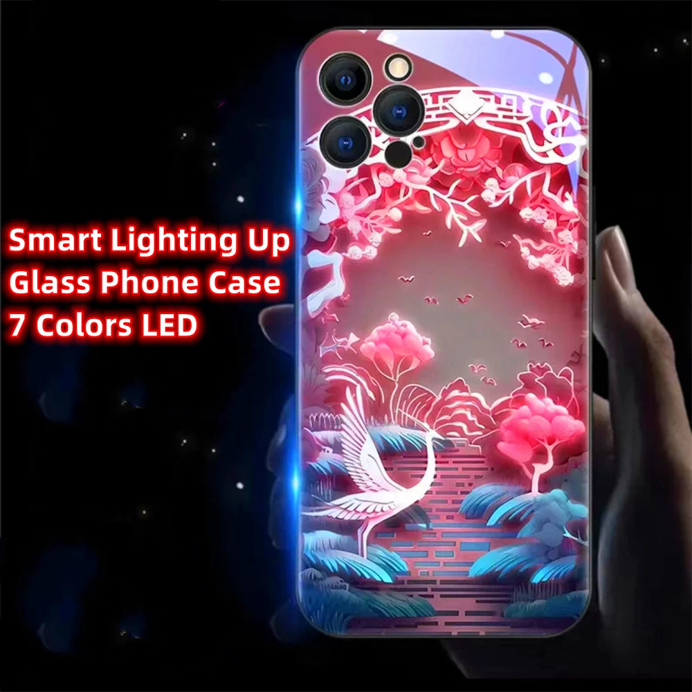Colorful Lucky Carp Sound Control LED Flash Cases Luminous Glass Cover For Samsung S24 S23 S22 S21 S20 FE Note 10 20 Plus Ultra
