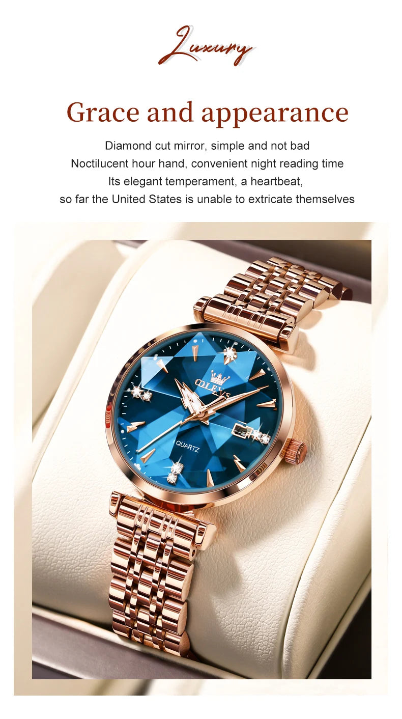 OLEVS 5536 Quartz Watch for Women Fashion Luxury Rhombus Mirror Rose Gold Stainless Steel Waterproof Luminous Ladies Wristwatch