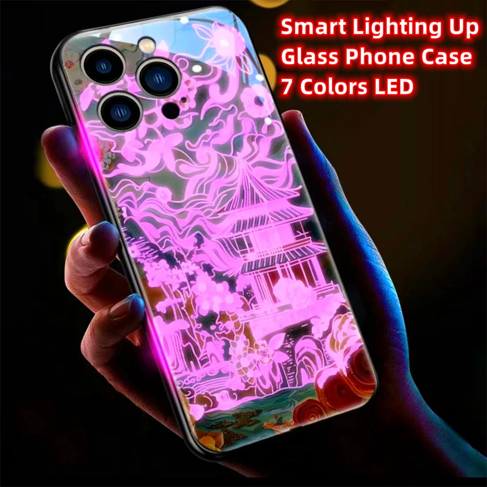 Colorful Lucky Carp Sound Control LED Flash Cases Luminous Glass Cover For Samsung S24 S23 S22 S21 S20 FE Note 10 20 Plus Ultra