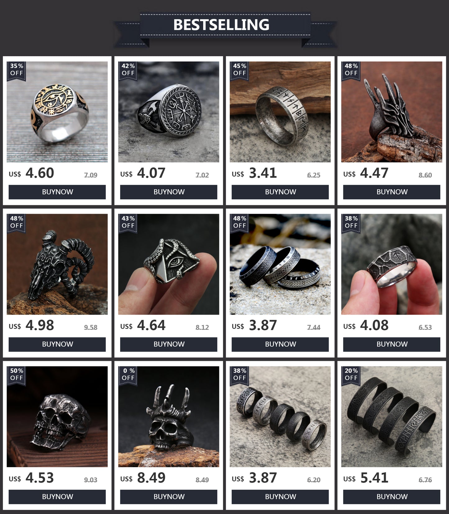Egyptian Vintage Men Eye Of Horus Ring Fashion Stainless Steel Ankh Cross Ring