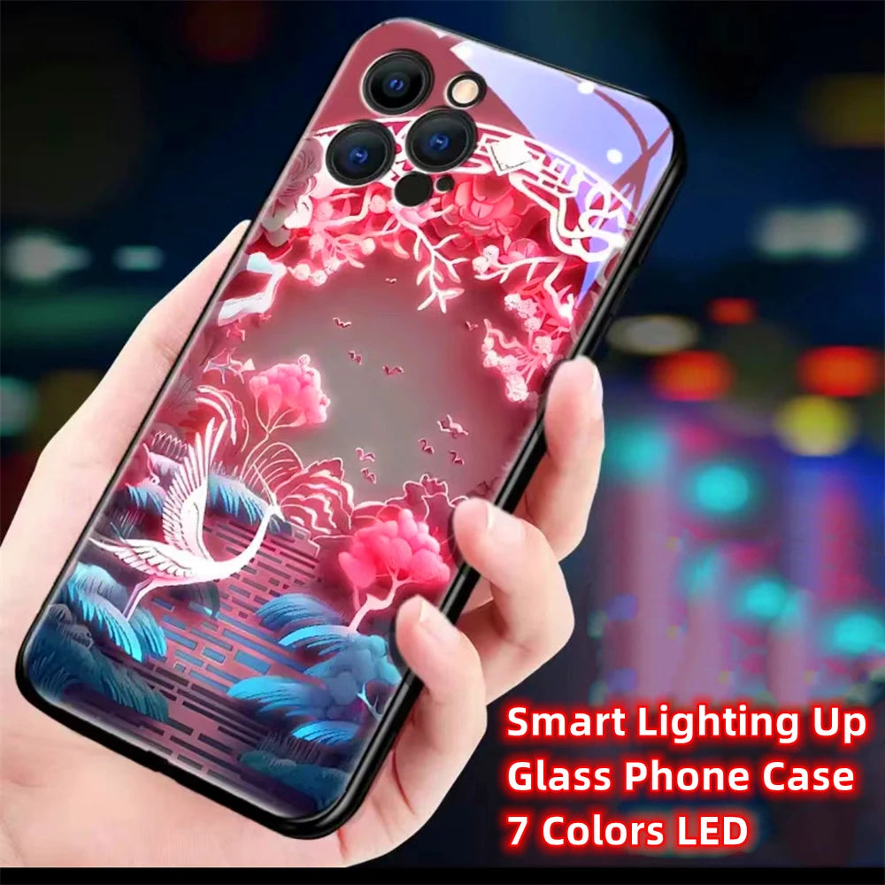 Colorful Lucky Carp Sound Control LED Flash Cases Luminous Glass Cover For Samsung S24 S23 S22 S21 S20 FE Note 10 20 Plus Ultra