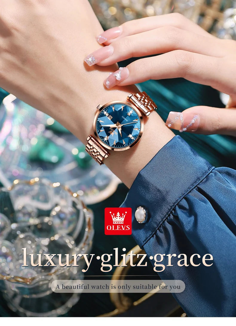 OLEVS 5536 Quartz Watch for Women Fashion Luxury Rhombus Mirror Rose Gold Stainless Steel Waterproof Luminous Ladies Wristwatch