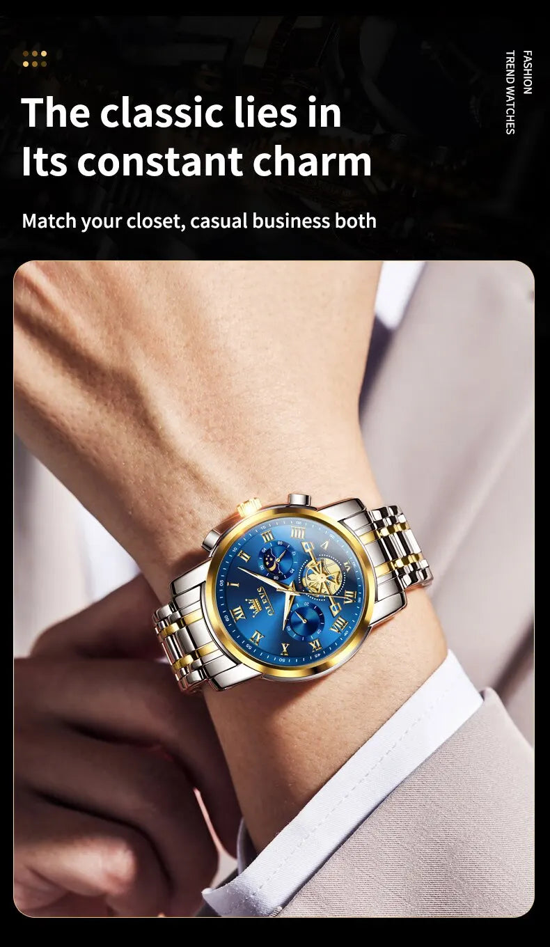 OLEVS Top Brand Mens Watches Classic Roman Scale Dial Luxury Wrist Watch for Man Original Quartz Waterproof Luminous Chronograph