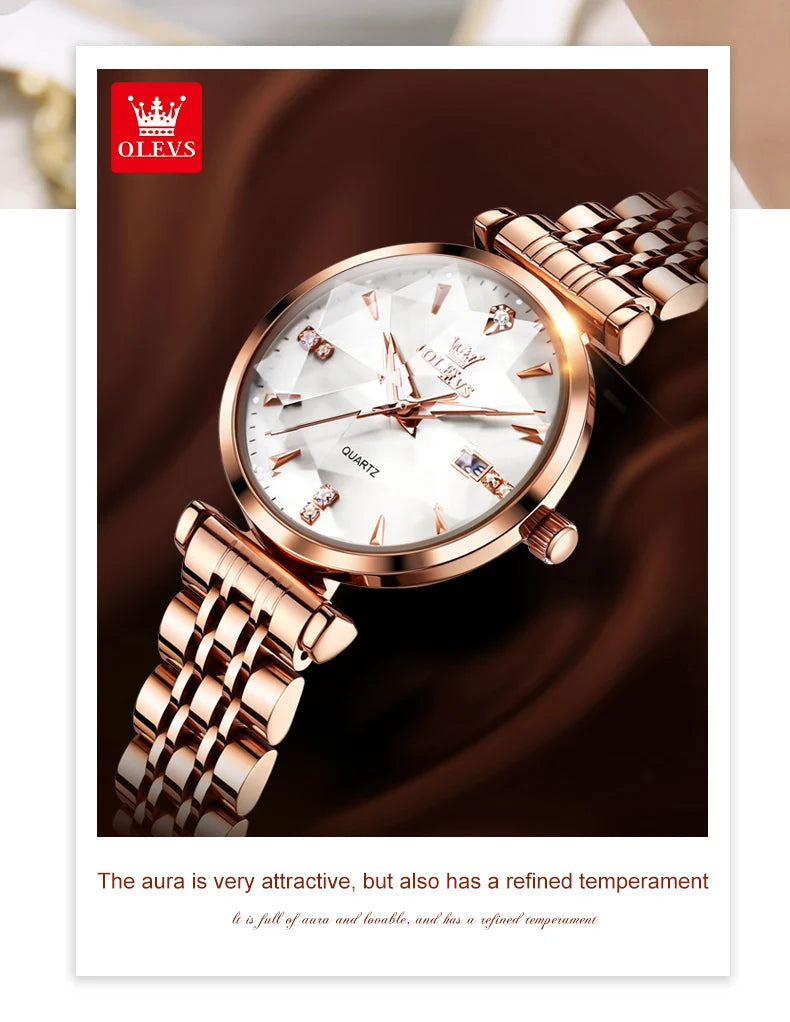 OLEVS 5536 Quartz Watch for Women Fashion Luxury Rhombus Mirror Rose Gold Stainless Steel Waterproof Luminous Ladies Wristwatch