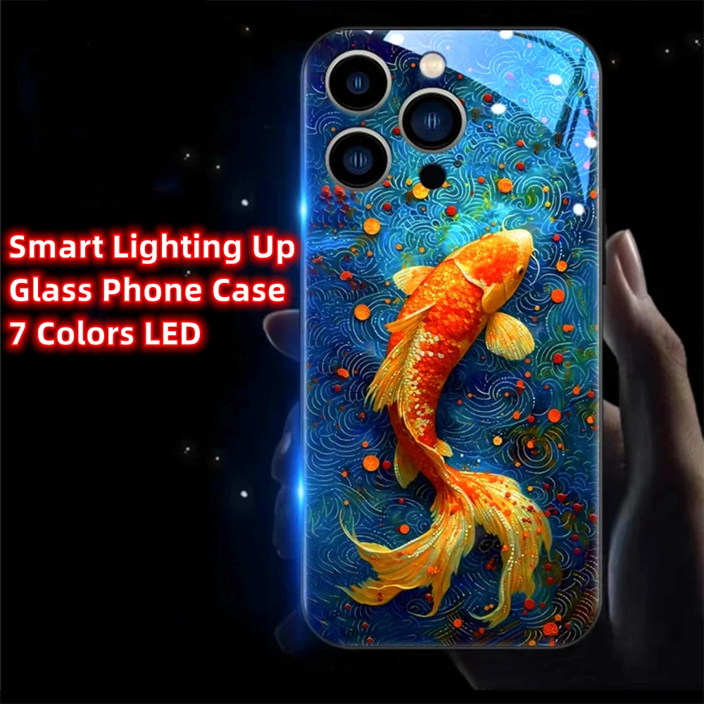 Colorful Lucky Carp Sound Control LED Flash Cases Luminous Glass Cover For Samsung S24 S23 S22 S21 S20 FE Note 10 20 Plus Ultra