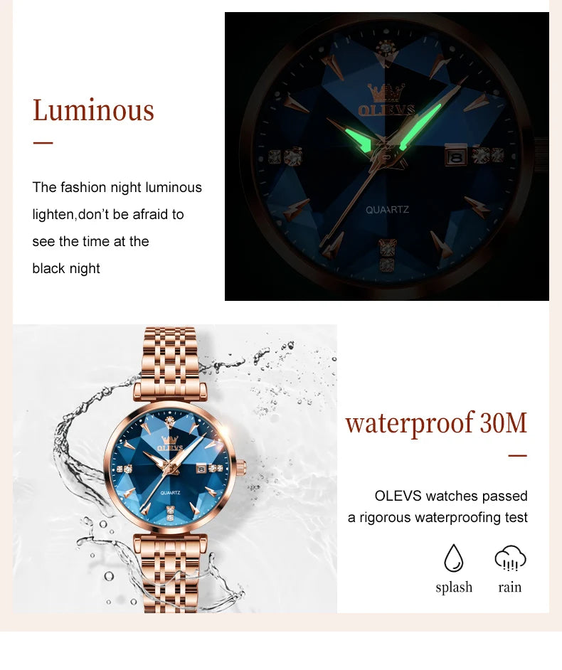 OLEVS 5536 Quartz Watch for Women Fashion Luxury Rhombus Mirror Rose Gold Stainless Steel Waterproof Luminous Ladies Wristwatch