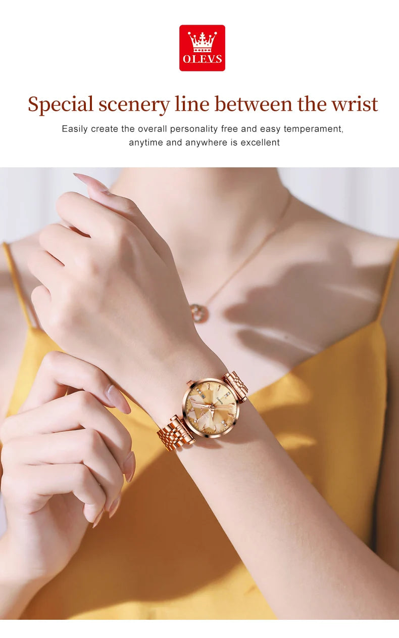 OLEVS 5536 Quartz Watch for Women Fashion Luxury Rhombus Mirror Rose Gold Stainless Steel Waterproof Luminous Ladies Wristwatch