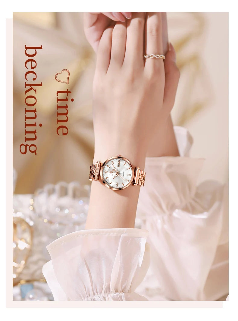 OLEVS 5536 Quartz Watch for Women Fashion Luxury Rhombus Mirror Rose Gold Stainless Steel Waterproof Luminous Ladies Wristwatch