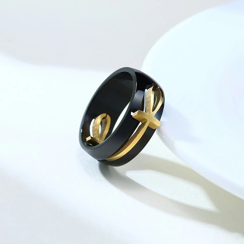Ankh Egyptian Cross Ring for Men Black Gold Color