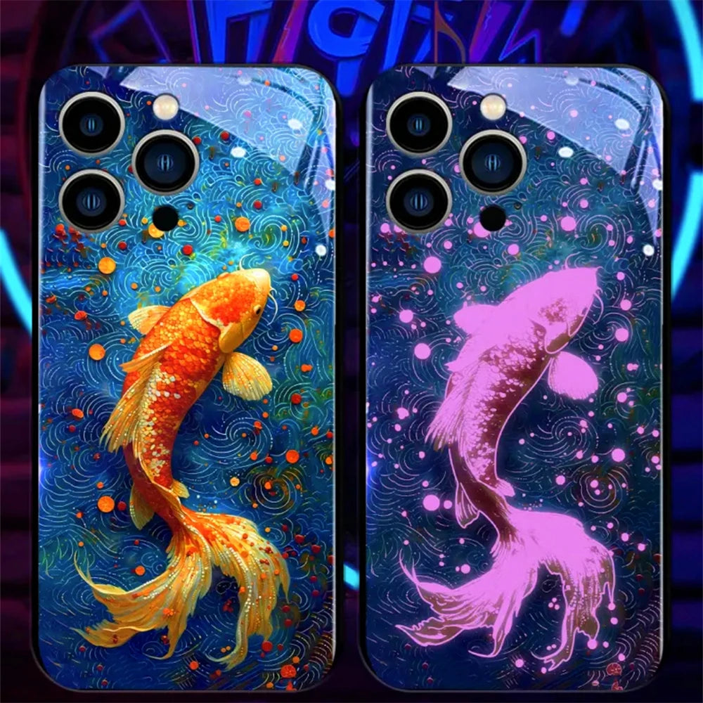 Colorful Lucky Carp Sound Control LED Flash Cases Luminous Glass Cover For Samsung S24 S23 S22 S21 S20 FE Note 10 20 Plus Ultra