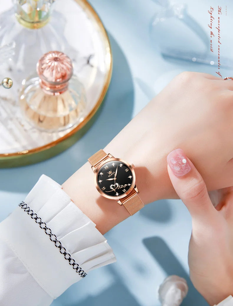 OLEVS 5530 Top Original Women's Watches Elegant Rose Gold Mesh Strap Fashion Heart Design Waterproof Quartz WristWatch for Women