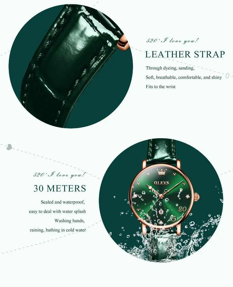 OLEVS Leather Strap Calendar WOMEN'S Quartz Watch 5505