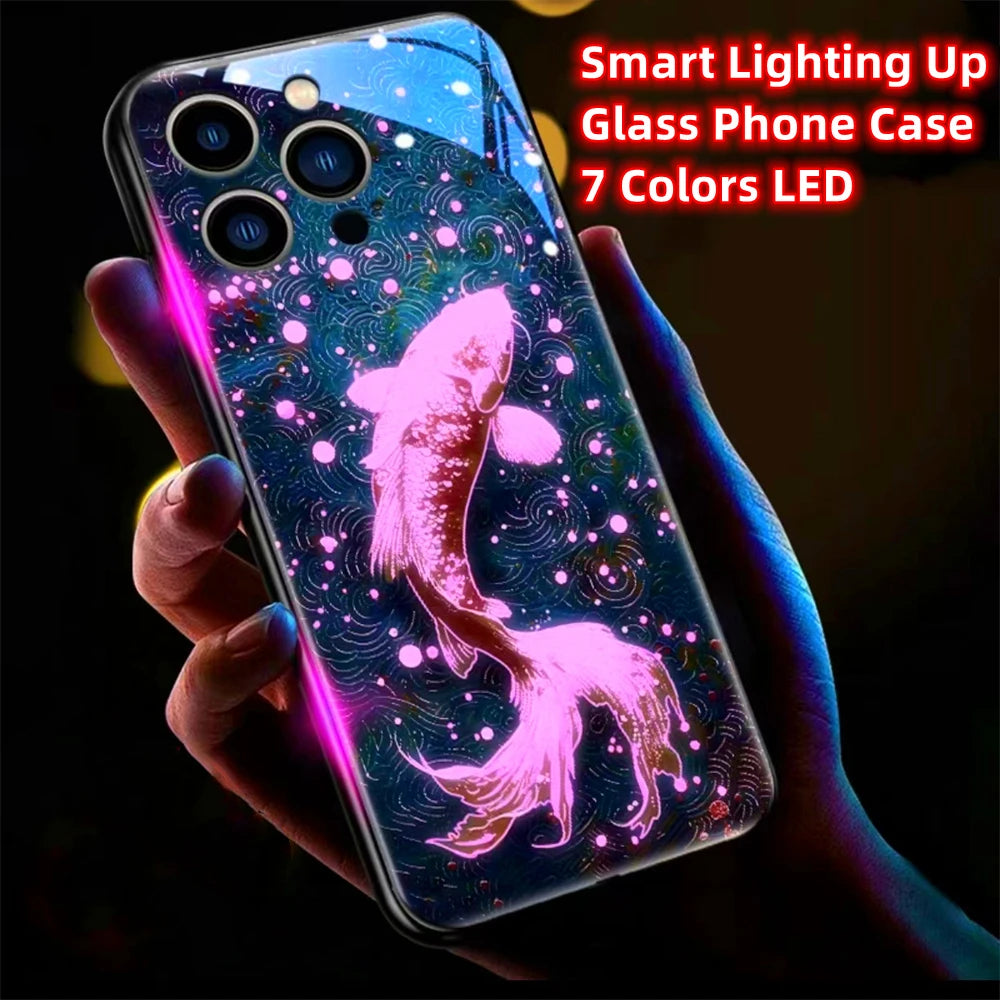 Colorful Lucky Carp Sound Control LED Flash Cases Luminous Glass Cover For Samsung S24 S23 S22 S21 S20 FE Note 10 20 Plus Ultra