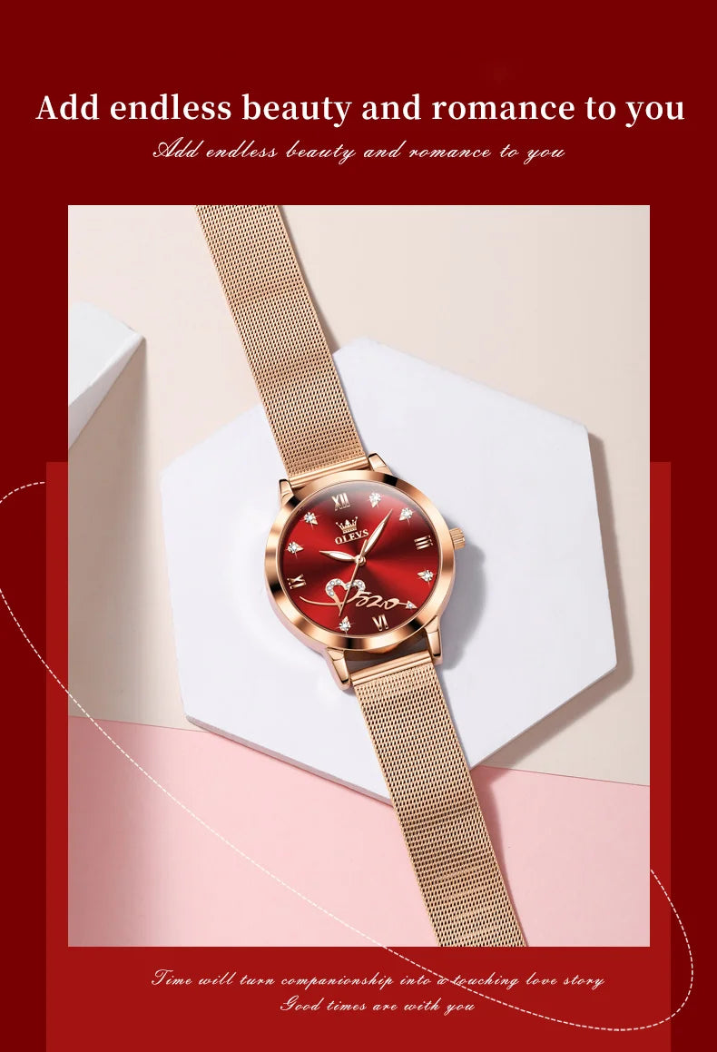 OLEVS 5530 Top Original Women's Watches Elegant Rose Gold Mesh Strap Fashion Heart Design Waterproof Quartz WristWatch for Women