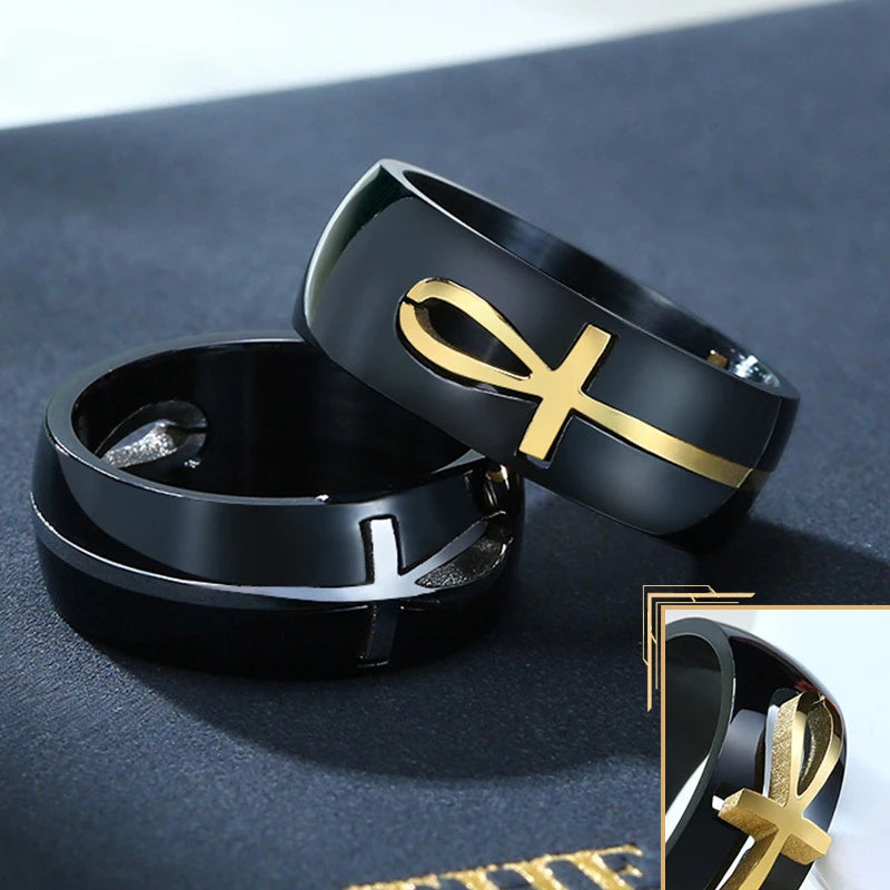 Ankh Egyptian Cross Ring for Men Black Gold Color