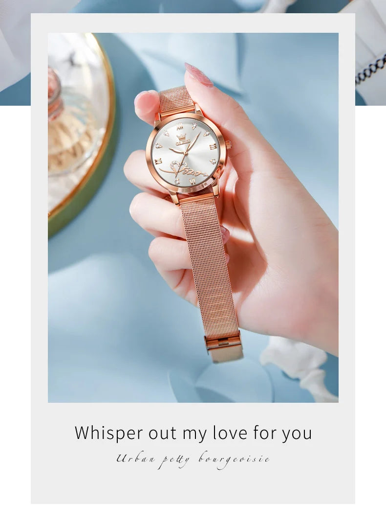 OLEVS 5530 Top Original Women's Watches Elegant Rose Gold Mesh Strap Fashion Heart Design Waterproof Quartz WristWatch for Women