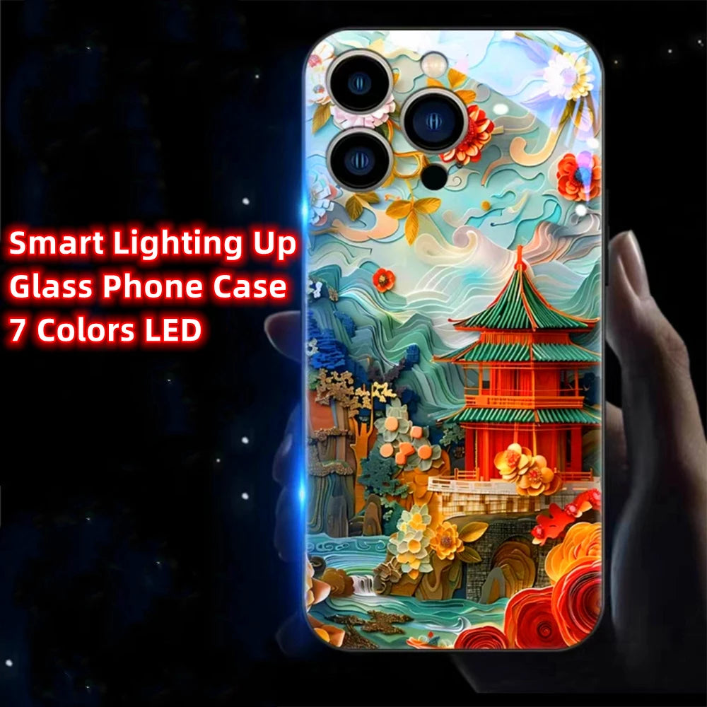 Colorful Lucky Carp Sound Control LED Flash Cases Luminous Glass Cover For Samsung S24 S23 S22 S21 S20 FE Note 10 20 Plus Ultra