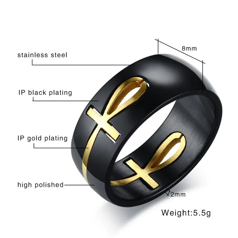 Ankh Egyptian Cross Ring for Men Black Gold Color