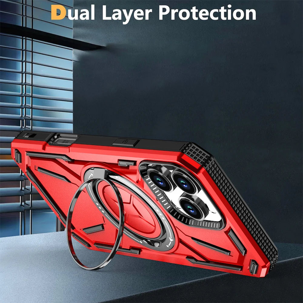 Dual Layer Protection Armour Magnetic Stand Phone Case For iPhone 16 15 14 11 12 13 Pro Max Luxury Rotation Folding Holder Cover