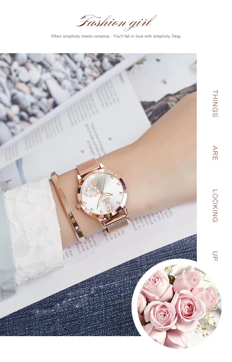 OLEVS 5189 Top Quartz Watch for Women Mesh Steel Strap Heart Design Waterproof Watches Simple Fashion Elegant Ladies Wristwatch