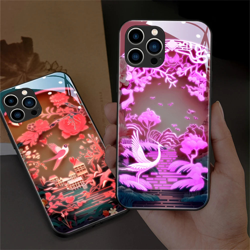 Colorful Lucky Carp Sound Control LED Flash Cases Luminous Glass Cover For Samsung S24 S23 S22 S21 S20 FE Note 10 20 Plus Ultra