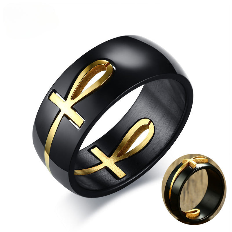 Ankh Egyptian Cross Ring for Men Black Gold Color