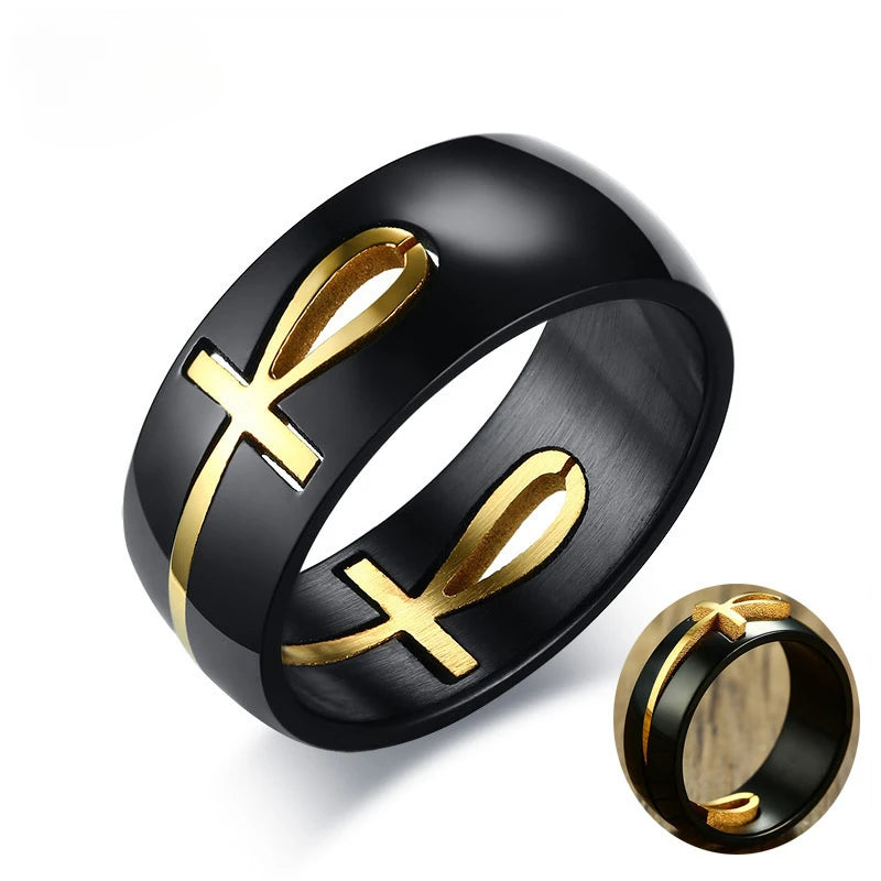 Ankh Egyptian Cross Ring for Men Black Gold Color