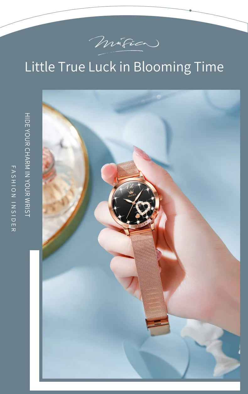 OLEVS 5189 Top Quartz Watch for Women Mesh Steel Strap Heart Design Waterproof Watches Simple Fashion Elegant Ladies Wristwatch