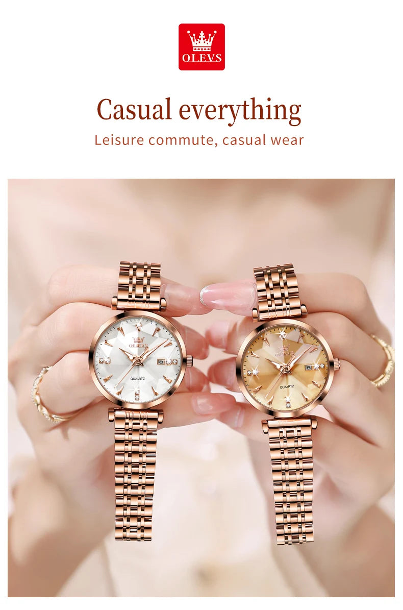 OLEVS 5536 Quartz Watch for Women Fashion Luxury Rhombus Mirror Rose Gold Stainless Steel Waterproof Luminous Ladies Wristwatch