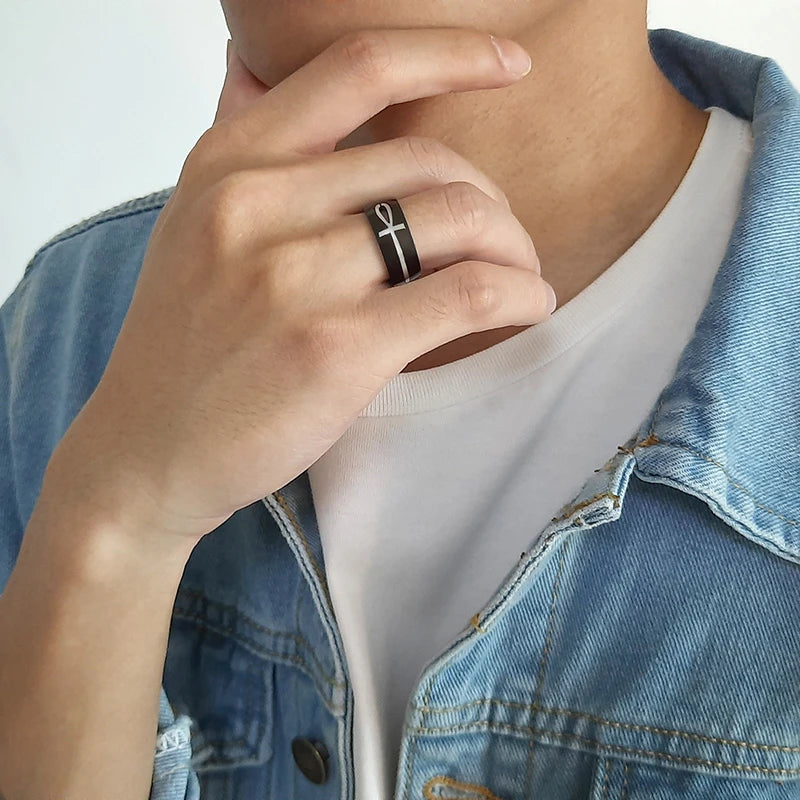 Ankh Egyptian Cross Ring for Men Black Gold Color